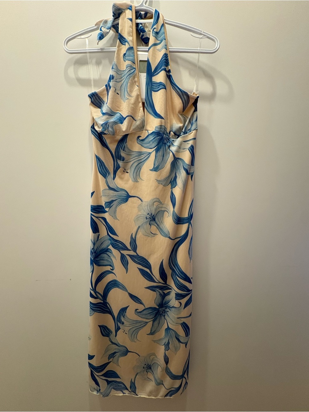 See You Monday One-Shoulder Cream Dress with Blue Floral Print